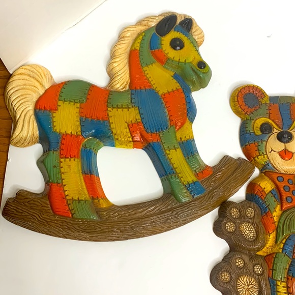 70’s Patchwork Collection | 2 Rocking Horses & 1 Teddy Bear Artwork Wall Hangs - Picture 3 of 13